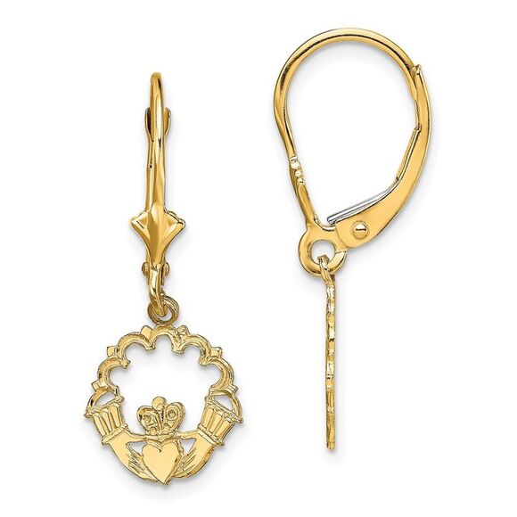 10K Yellow Gold Polished Claddagh Leverback Earrings